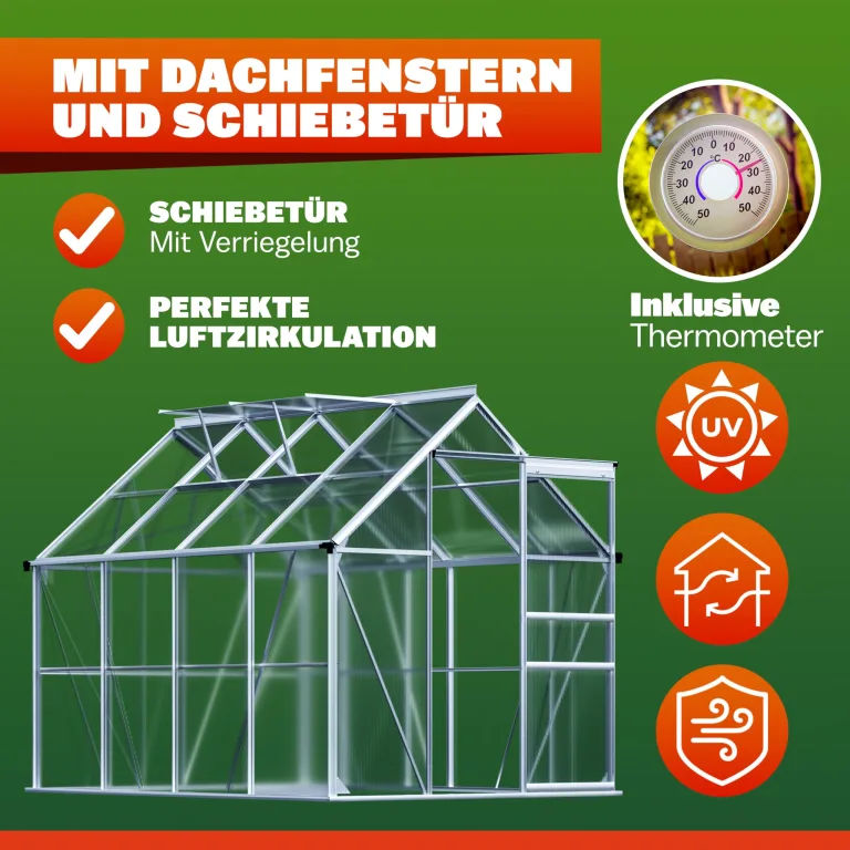 GARDEBRUK® Gewächshaus Aluminium 4,8m² 250x190cm inkl. 2 Dachfenster Tomatenhaus Treibhaus Anzuchthaus Garten Frühbeet Pflanzenhaus Aufzucht 7,63m³ – Bild 5