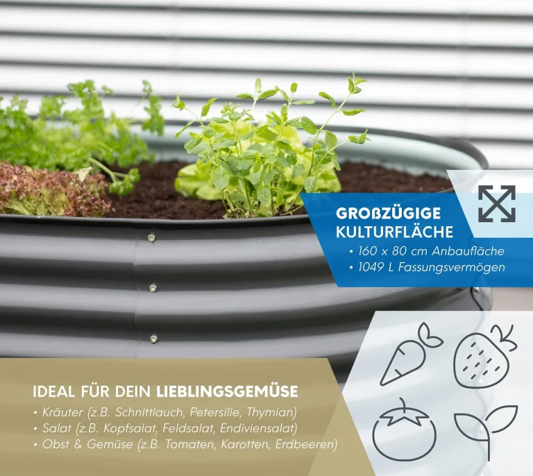 WESTMANN Hochbeet aus Metall inkl. Aussaatkalender | 160x80x82 cm Grau | Kräuterbeet für Garten & Terrasse | Holzhochbeet & Frühbeet zum Bepflanzen von Gemüse & Kräutern – Bild 6