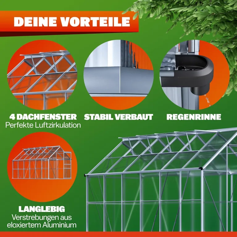 GARDEBRUK® Gewächshaus Aluminium 7,2m² 380x190cm inkl. 4 Dachfenster Tomatenhaus Treibhaus Anzuchthaus Garten Frühbeet Pflanzenhaus Aufzucht 11,73m³ – Bild 3