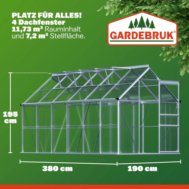 GARDEBRUK® Gewächshaus Aluminium 7,2m² 380x190cm inkl. 4 Dachfenster Tomatenhaus Treibhaus Anzuchthaus Garten Frühbeet Pflanzenhaus Aufzucht 11,73m³ – Bild 4