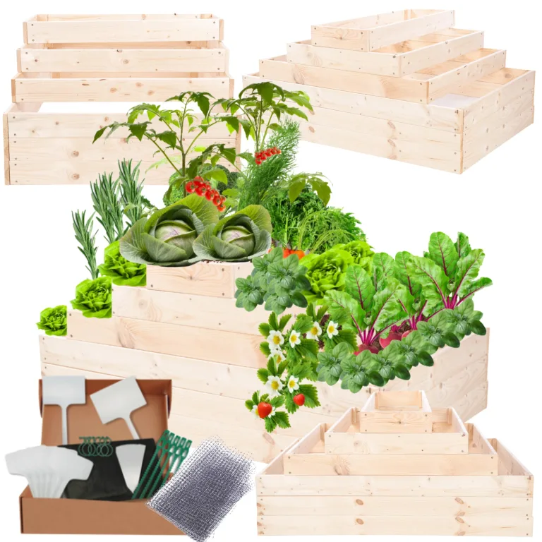 Hochbeet Holz, Kräuterbeet, Gartenbeet, Pflanzbeet, Blumenbeet, Stufenbeet, für Garten und Terrasse, Kiefernholz, Massivholz, höhenverstellbar, Abmessungen 54x117x80 cm, Farbe: Natur – Bild 1