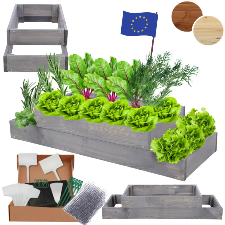 Hochbeet Holz, Kräuterbeet, Gartenbeet, Pflanzbeet, Blumenbeet, Stufenbeet, für Garten und Terrasse, Kiefernholz, Massivholz, höhenverstellbar, Abmessungen 18x90x30 cm, Farbe: Grau – Bild 1
