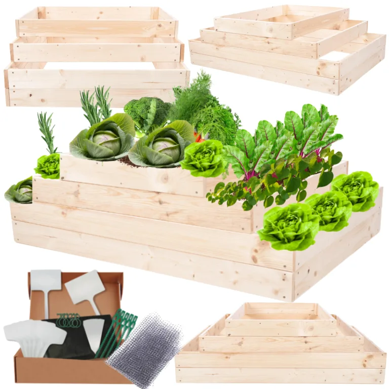 Hochbeet Holz, Kräuterbeet, Gartenbeet, Pflanzbeet, Blumenbeet, Stufenbeet, für Garten und Terrasse, Kiefernholz, Massivholz, höhenverstellbar, Abmessungen 36x117x60 cm, Farbe: Natur – Bild 1