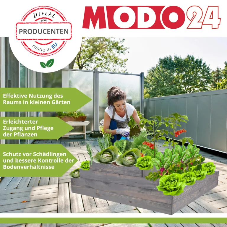 Hochbeet Holz, Kräuterbeet, Gartenbeet, Pflanzbeet, Blumenbeet, Stufenbeet, für Garten und Terrasse, Kiefernholz, Massivholz, höhenverstellbar, Abmessungen 45x117x80 cm, Farbe: Braun – Bild 2