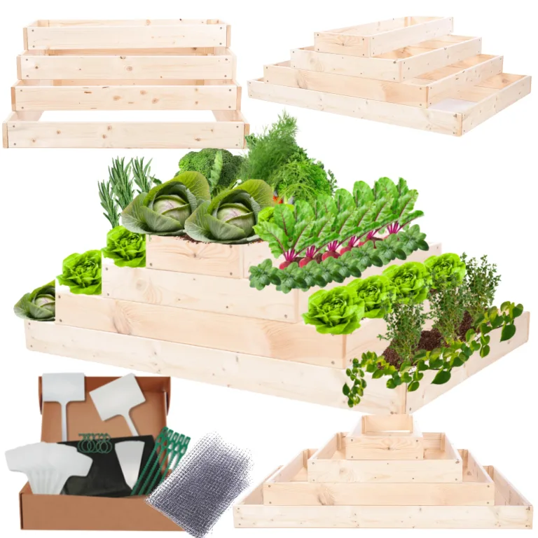 Hochbeet Holz, Kräuterbeet, Gartenbeet, Pflanzbeet, Blumenbeet, Stufenbeet, für Garten und Terrasse, Kiefernholz, Massivholz, höhenverstellbar, Abmessungen 36x117x60 cm, Farbe: Natur – Bild 1