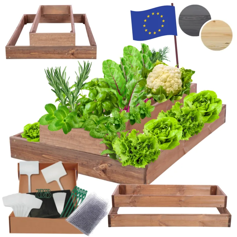 Hochbeet Holz, Kräuterbeet, Gartenbeet, Pflanzbeet, Blumenbeet, Stufenbeet, für Garten und Terrasse, Kiefernholz, Massivholz, höhenverstellbar, Abmessungen 18x60x90 cm, Farbe: Braun – Bild 1