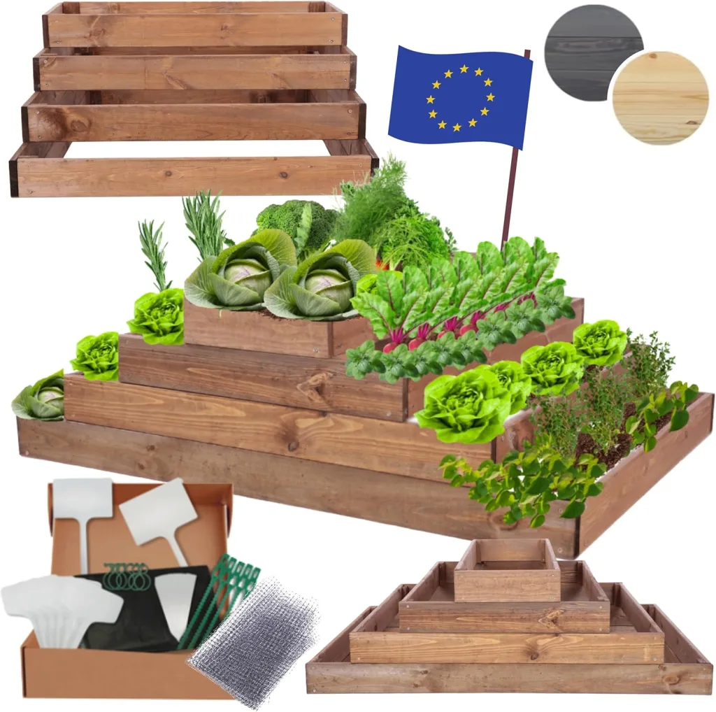 Hochbeet Holz, Kräuterbeet, Gartenbeet, Pflanzbeet, Blumenbeet, Stufenbeet, für Garten und Terrasse, Kiefernholz, Massivholz, höhenverstellbar, Abmessungen 36x117x80 cm, Farbe: Braun
