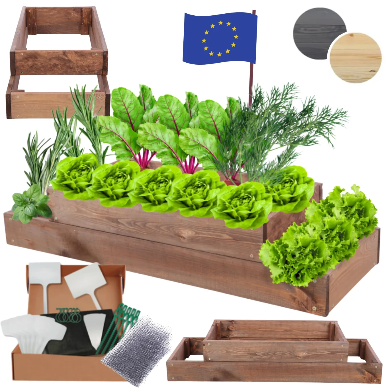 Hochbeet Holz, Kräuterbeet, Gartenbeet, Pflanzbeet, Blumenbeet, Stufenbeet, für Garten und Terrasse, Kiefernholz, Massivholz, höhenverstellbar, Abmessungen 18x90x30 cm, Farbe: Braun - Bild 1