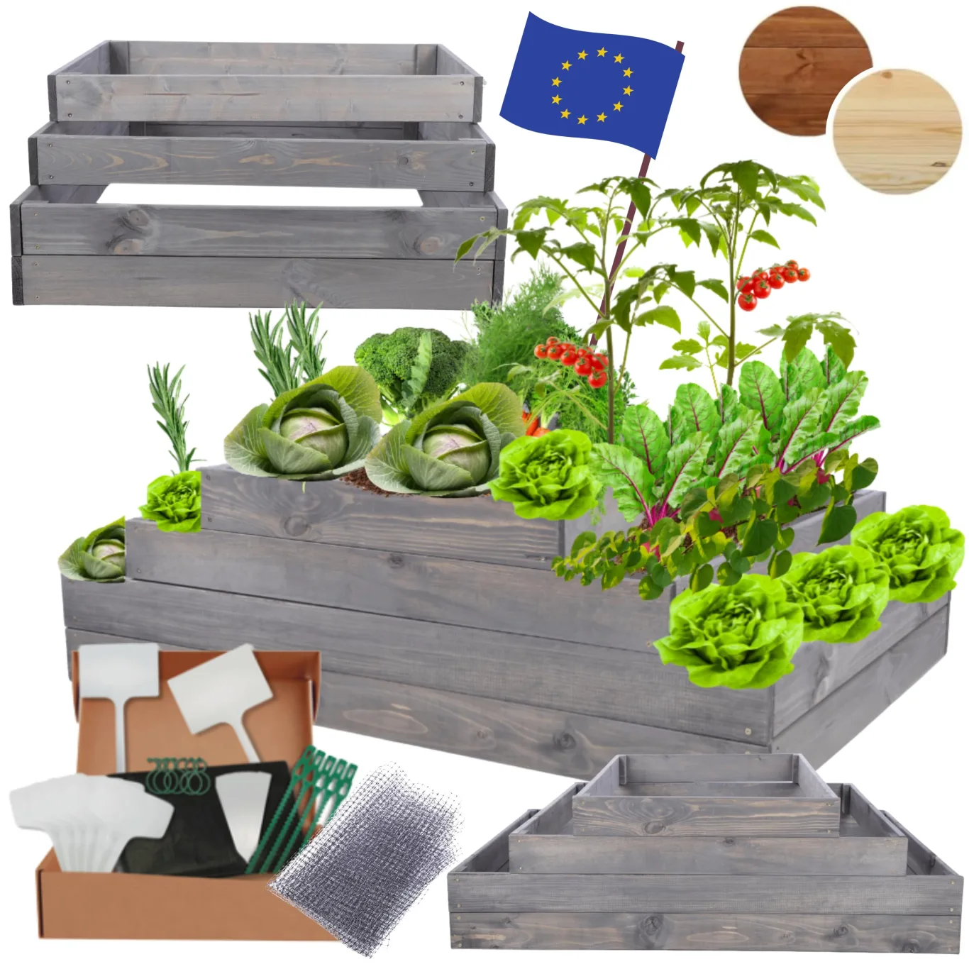 Hochbeet Holz, Kräuterbeet, Gartenbeet, Pflanzbeet, Blumenbeet, Stufenbeet, für Garten und Terrasse, Kiefernholz, Massivholz, höhenverstellbar, Abmessungen 36x117x60 cm, Farbe: Grau - Bild 1