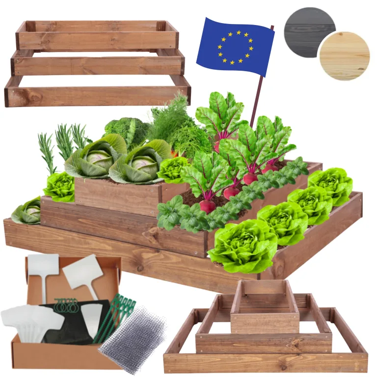 Hochbeet Holz, Kräuterbeet, Gartenbeet, Pflanzbeet, Blumenbeet, Stufenbeet, für Garten und Terrasse, Kiefernholz, Massivholz, höhenverstellbar, Abmessungen 27x117x80 cm, Farbe: Braun – Bild 1