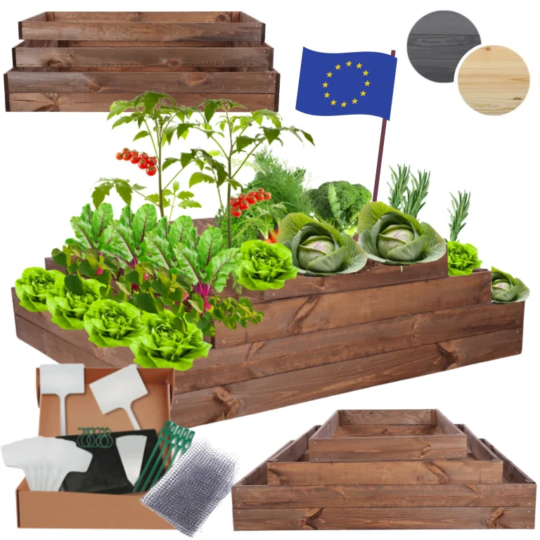 Hochbeet Holz, Kräuterbeet, Gartenbeet, Pflanzbeet, Blumenbeet, Stufenbeet, für Garten und Terrasse, Kiefernholz, Massivholz, höhenverstellbar, Abmessungen 36x117x120 cm, Farbe: Braun – Bild 1