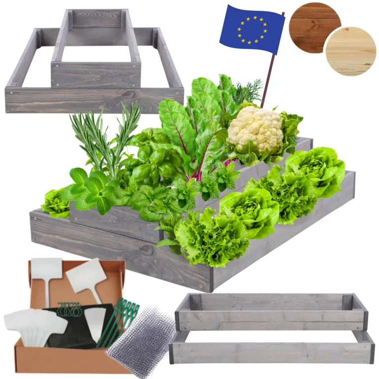 Hochbeet Holz, Kräuterbeet, Gartenbeet, Pflanzbeet, Blumenbeet, Stufenbeet, für Garten und Terrasse, Kiefernholz, Massivholz, höhenverstellbar, Abmessungen 18x60x80 cm, Farbe: Grau – Bild 1