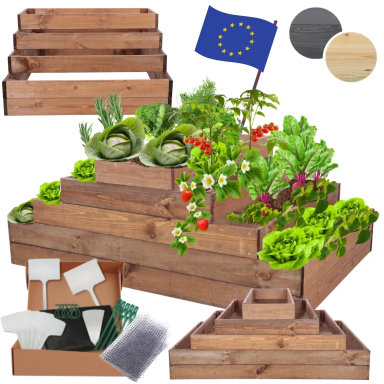 Hochbeet Holz, Kräuterbeet, Gartenbeet, Pflanzbeet, Blumenbeet, Stufenbeet, für Garten und Terrasse, Kiefernholz, Massivholz, höhenverstellbar, Abmessungen 45x117x60 cm, Farbe: Braun – Bild 1