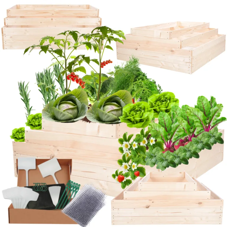 Hochbeet Holz, Kräuterbeet, Gartenbeet, Pflanzbeet, Blumenbeet, Stufenbeet, für Garten und Terrasse, Kiefernholz, Massivholz, höhenverstellbar, Abmessungen 45x117x100 cm, Farbe: Natur – Bild 1