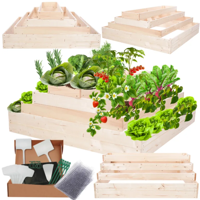 Hochbeet Holz, Kräuterbeet, Gartenbeet, Pflanzbeet, Blumenbeet, Stufenbeet, für Garten und Terrasse, Kiefernholz, Massivholz, höhenverstellbar, Abmessungen 36x117x100 cm, Farbe: Braun – Bild 10