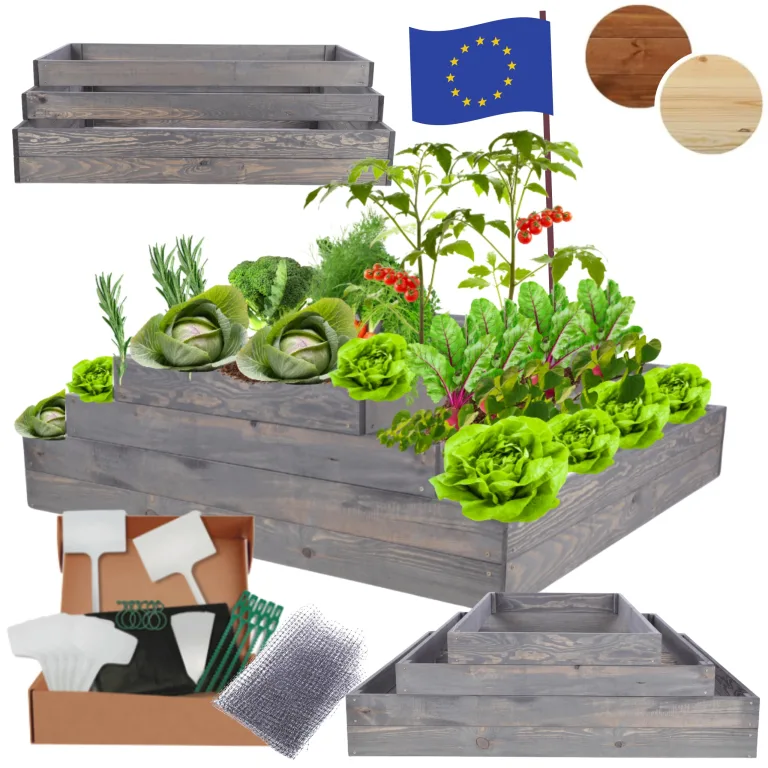 Hochbeet Holz, Kräuterbeet, Gartenbeet, Pflanzbeet, Blumenbeet, Stufenbeet, für Garten und Terrasse, Kiefernholz, Massivholz, höhenverstellbar, Abmessungen 36x117x120 cm, Farbe: Grau – Bild 1