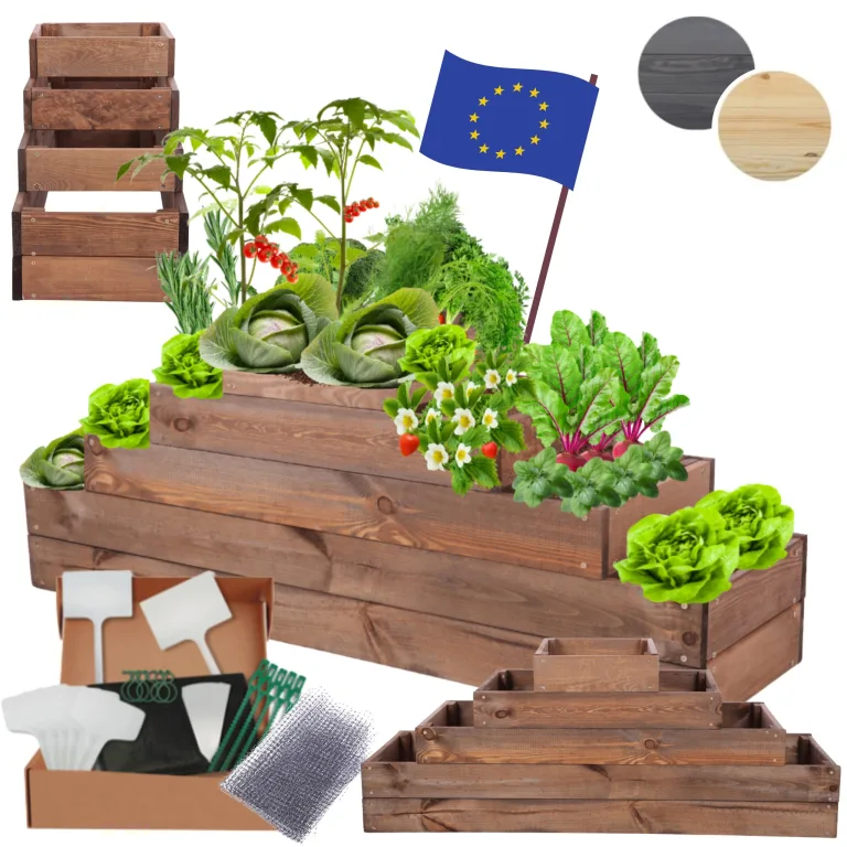 Hochbeet Holz, Kräuterbeet, Gartenbeet, Pflanzbeet, Blumenbeet, Stufenbeet, für Garten und Terrasse, Kiefernholz, Massivholz, höhenverstellbar, Abmessungen 45x117x30 cm, Farbe: Braun – Bild 1
