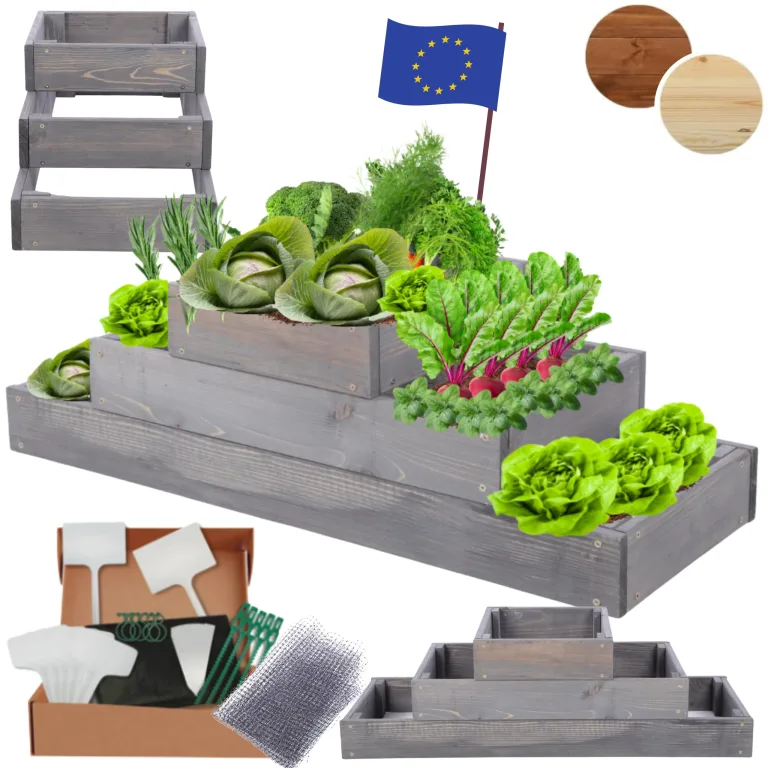 Hochbeet Holz, Kräuterbeet, Gartenbeet, Pflanzbeet, Blumenbeet, Stufenbeet, für Garten und Terrasse, Kiefernholz, Massivholz, höhenverstellbar, Abmessungen 27x90x30 cm, Farbe: Grau – Bild 1