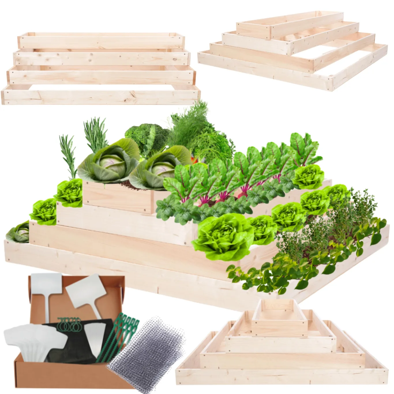 Hochbeet Holz, Kräuterbeet, Gartenbeet, Pflanzbeet, Blumenbeet, Stufenbeet, für Garten und Terrasse, Kiefernholz, Massivholz, höhenverstellbar, Abmessungen 36x117x120 cm, Farbe: Natur - Bild 1