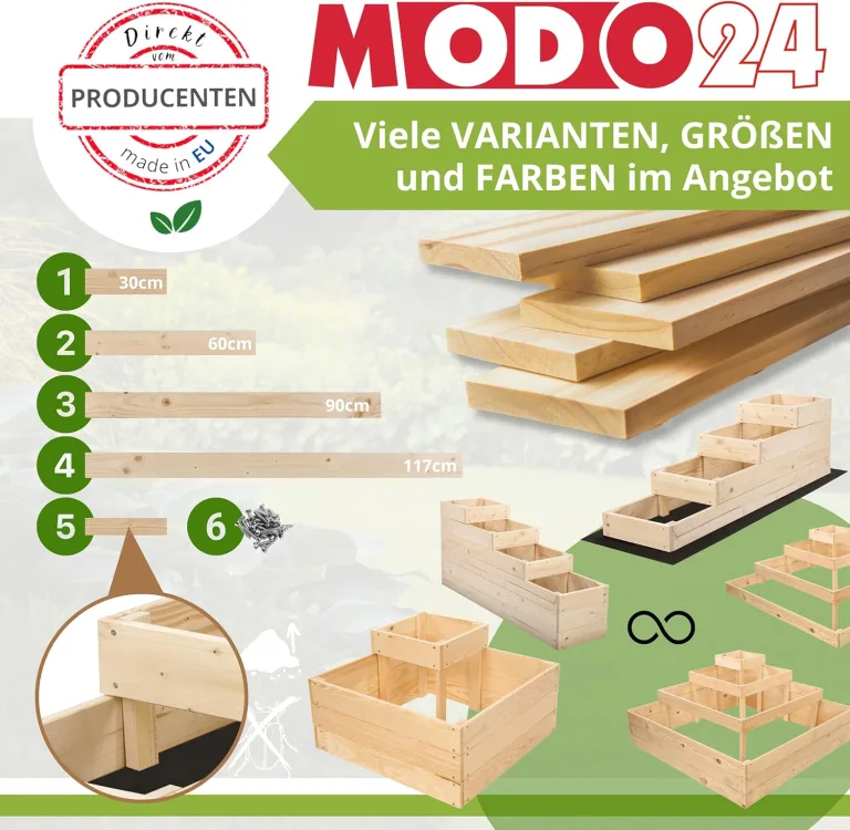 Hochbeet Holz, 4-stufiger Pflanzkasten, Blumenkasten, Gemüsebeet, Kräuterbeet, Anzuchtset, Anzuchtkasten, mit Gartenvlies als Unterlage und Schrauben, Abmessungen 54x30x120 cm, Farbe: Grau – Bild 5