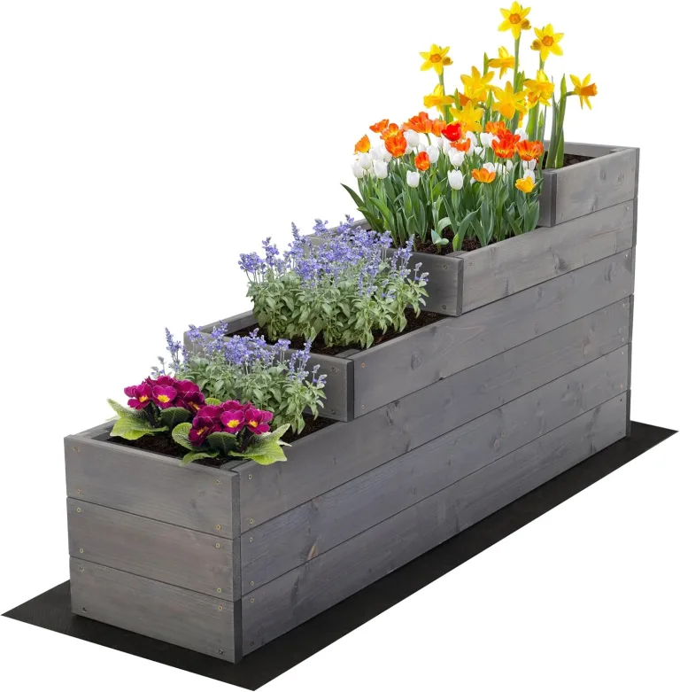 Hochbeet Holz, 4-stufiger Pflanzkasten, Blumenkasten, Gemüsebeet, Kräuterbeet, Anzuchtset, Anzuchtkasten, mit Gartenvlies als Unterlage und Schrauben, Abmessungen 54x30x120 cm, Farbe: Grau – Bild 1