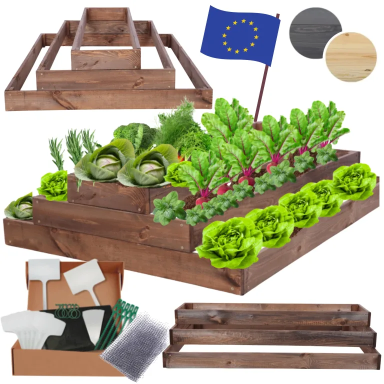 Hochbeet Holz, Kräuterbeet, Gartenbeet, Pflanzbeet, Blumenbeet, Stufenbeet, für Garten und Terrasse, Kiefernholz, Massivholz, höhenverstellbar, Abmessungen 27x117x120 cm, Farbe: Braun – Bild 1
