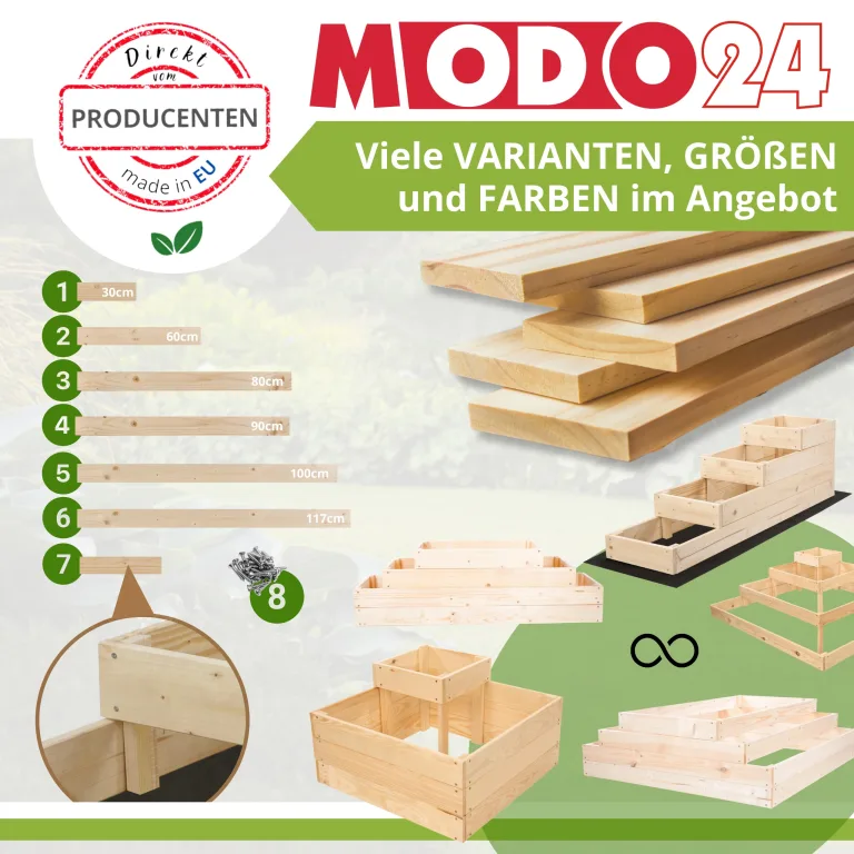 Hochbeet Holz, Kräuterbeet, Gartenbeet, Pflanzbeet, Blumenbeet, Stufenbeet, für Garten und Terrasse, Kiefernholz, Massivholz, höhenverstellbar, Abmessungen 18x60x80 cm, Farbe: Braun – Bild 7