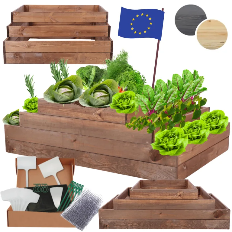 Hochbeet Holz, Kräuterbeet, Gartenbeet, Pflanzbeet, Blumenbeet, Stufenbeet, für Garten und Terrasse, Kiefernholz, Massivholz, höhenverstellbar, Abmessungen 36x117x60 cm, Farbe: Braun – Bild 1