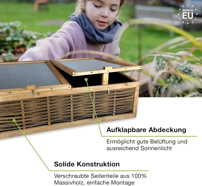 GARTENETAGE Frühbeet mit Weidengeflecht – Witterungsbeständiges Mini-Gewächshaus 120x80x35/45 cm mit schützender Abdeckung für Kräuter- und Gemüseanbau – Bild 2