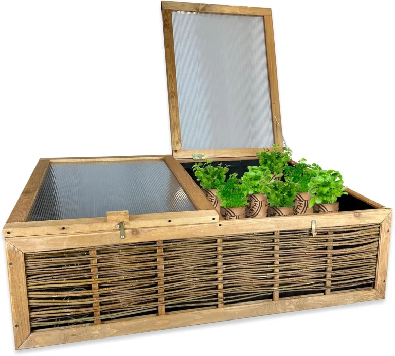 GARTENETAGE Frühbeet mit Weidengeflecht – Witterungsbeständiges Mini-Gewächshaus 120x80x35/45 cm mit schützender Abdeckung für Kräuter- und Gemüseanbau – Bild 1