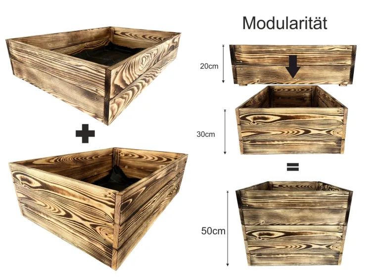 Lermowoood Hochbeet aus Holz 100x40x30 cm Geflammt – Pflanzkasten für Gemüse & Kräuter – mit Agrovließ – steckbar & stapelbar- Aussenbereich ideal für Garten, Balkon & Terrasse – Bild 5