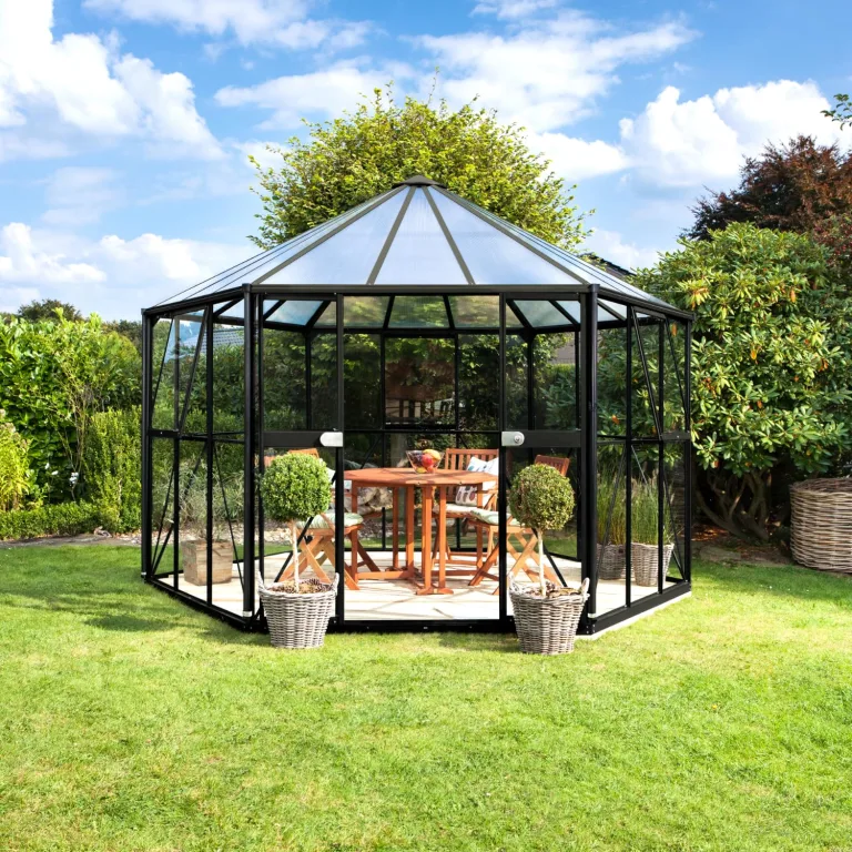 Vitavia Gewächshaus-Pavillon Hera 9000" inkl. Stahlfundament, schwarz, 9,0 m², 3 mm ESG, 6 mm HKP | Wetterfestes & stabiles Treibhaus | Perfekt für Gemüse & Pflanzen | Robust & langlebig – Bild 1