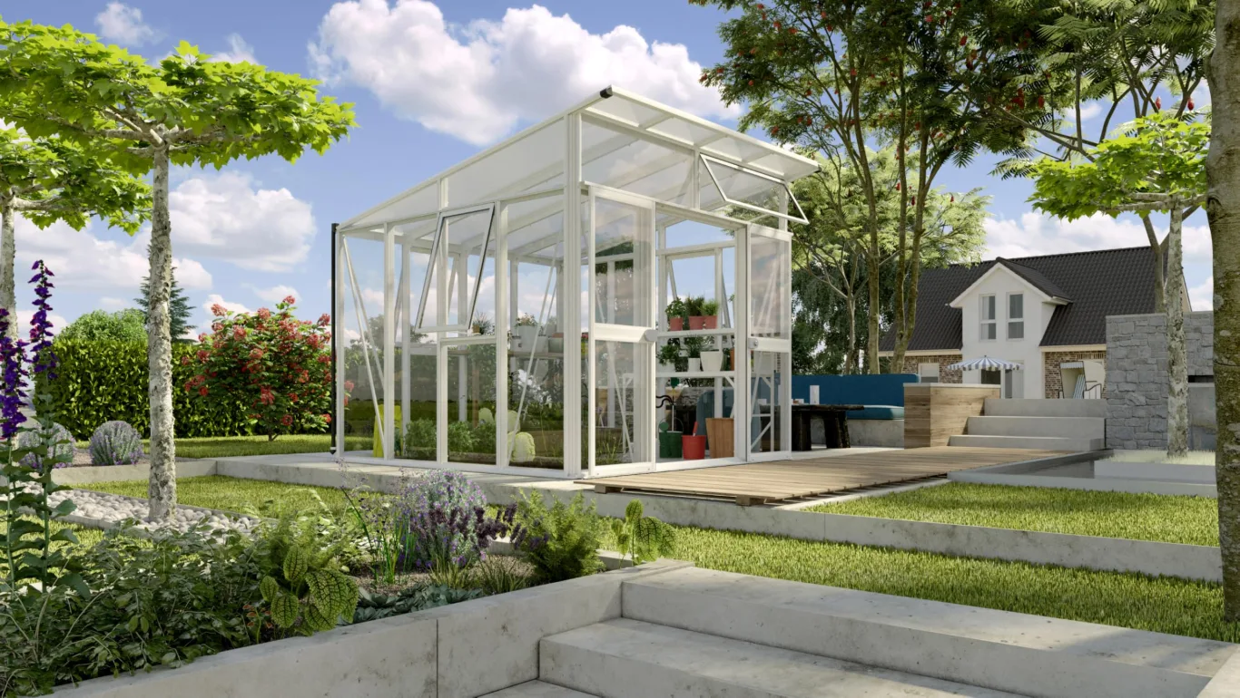 Vitavia Gewächshaus Aura 7800", weiß, 7,8 m², 3 mm ESG, 10 mm HKP | Wetterfestes & stabiles Treibhaus | Perfekt für Gemüse & Pflanzen | Robust & langlebig - Bild 1