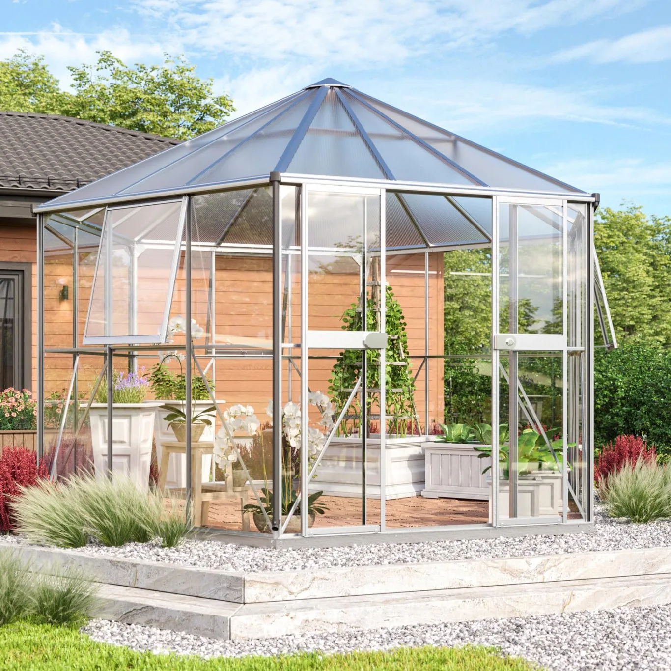 Vitavia Gewächshaus-Pavillon Juno 9000" inkl. Stahlfundament, Aluminium eloxiert, 9,0 m², 3 mm ESG, 6 mm HKP | Wetterfestes & stabiles Treibhaus | Perfekt für Gemüse & Pflanzen | Robust & langlebig - Bild 1