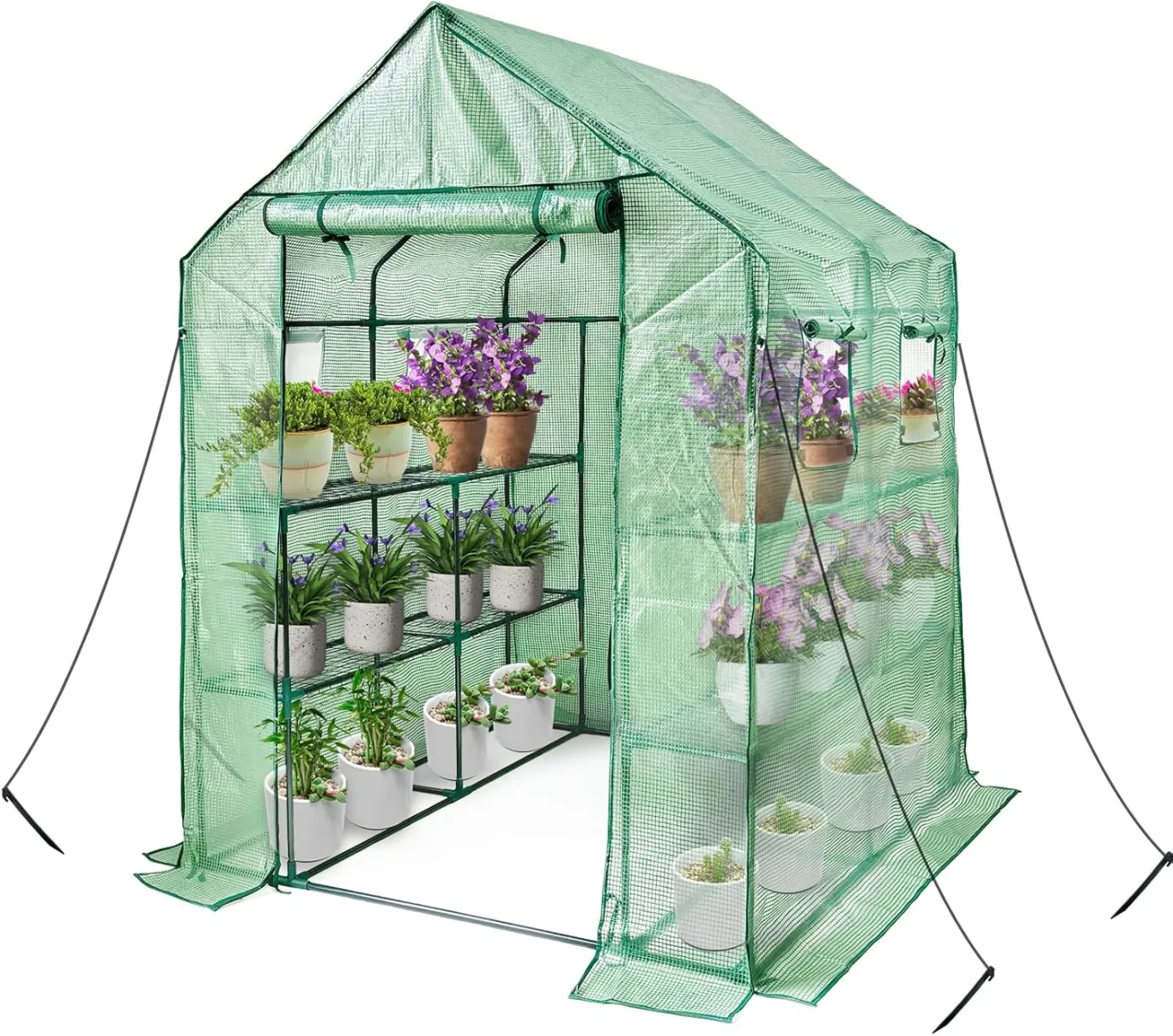 Begehbares Gewächshaus mit Regalen, Kunststoff-Gewächshausrahmen für Garten, 12 Etagen, Gewächshaus mit verstärkter PE-Abdeckung und 4 Fenstern, 143 x 143 x 195 cm, für Innen- und - Bild 1