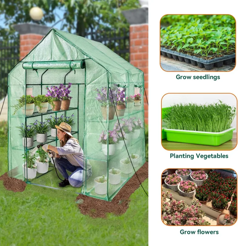 Begehbares Gewächshaus mit Regalen, Kunststoff-Gewächshausrahmen für Garten, 12 Etagen, Gewächshaus mit verstärkter PE-Abdeckung und 4 Fenstern, 143 x 143 x 195 cm, für Innen- und – Bild 4