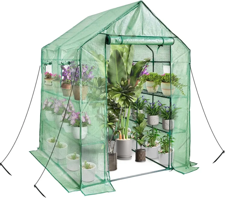 Begehbares Gewächshaus mit Regalen, Kunststoff-Gewächshausrahmen für Garten, 12 Etagen, Gewächshaus mit verstärkter PE-Abdeckung und 4 Fenstern, 143 x 143 x 195 cm, für Innen- und – Bild 6