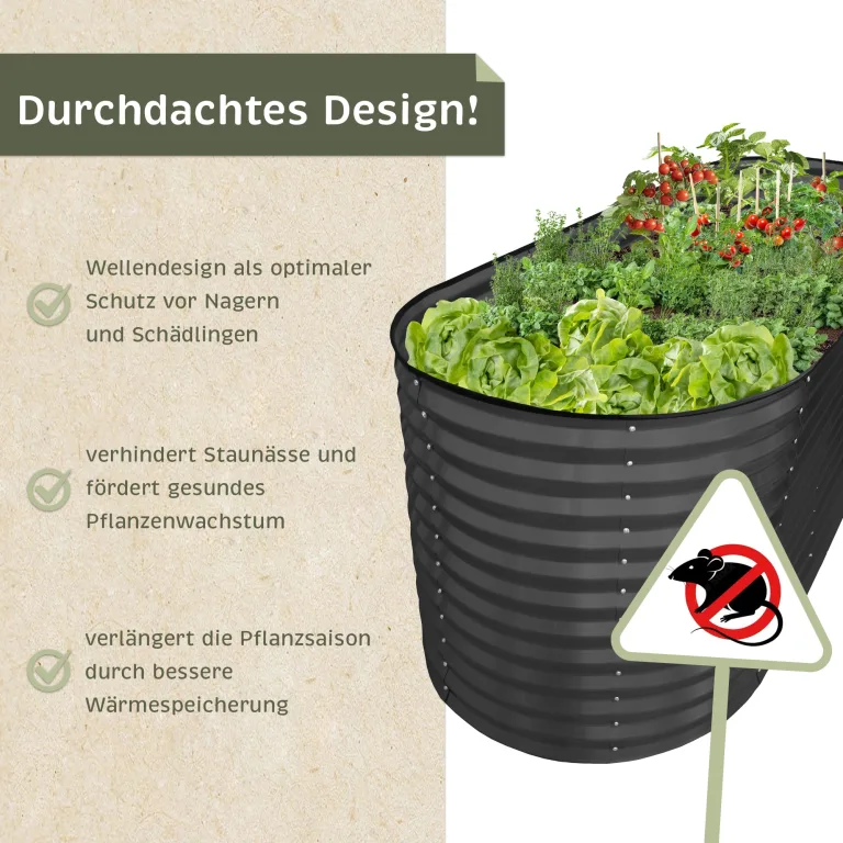 NATIV Hochbeet aus Metall anthrazit 240x80x78 cm ovales Gartenbeet, galvanisiert und wetterfest, stabiles Hochbeet für Garten & Terrasse, rückenfreundliches Pflanzbeet für Gemüse, Kräuter & Blumen – Bild 3