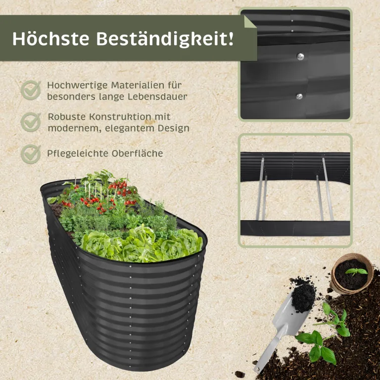 NATIV Hochbeet aus Metall anthrazit 240x80x78 cm ovales Gartenbeet, galvanisiert und wetterfest, stabiles Hochbeet für Garten & Terrasse, rückenfreundliches Pflanzbeet für Gemüse, Kräuter & Blumen – Bild 4