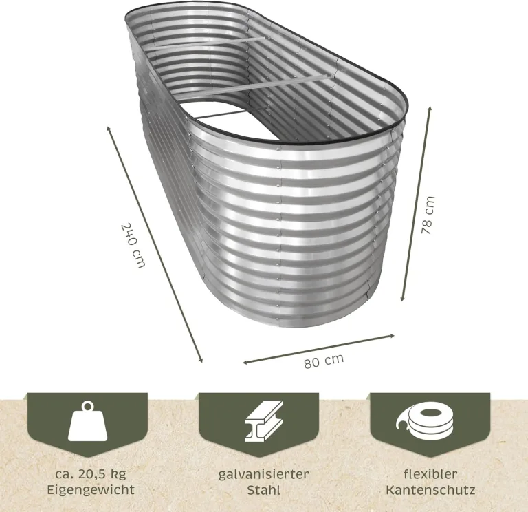 NATIV Hochbeet Metall 240x80x78 cm oval, galvanisiert, wetterfestes Garten Hochbeet mit Bodengitter gegen Wühlmäuse und Kantenschutz, stabiles Pflanzbeet für Gemüse, Kräuter und Blumen im Außenbereich – Bild 6