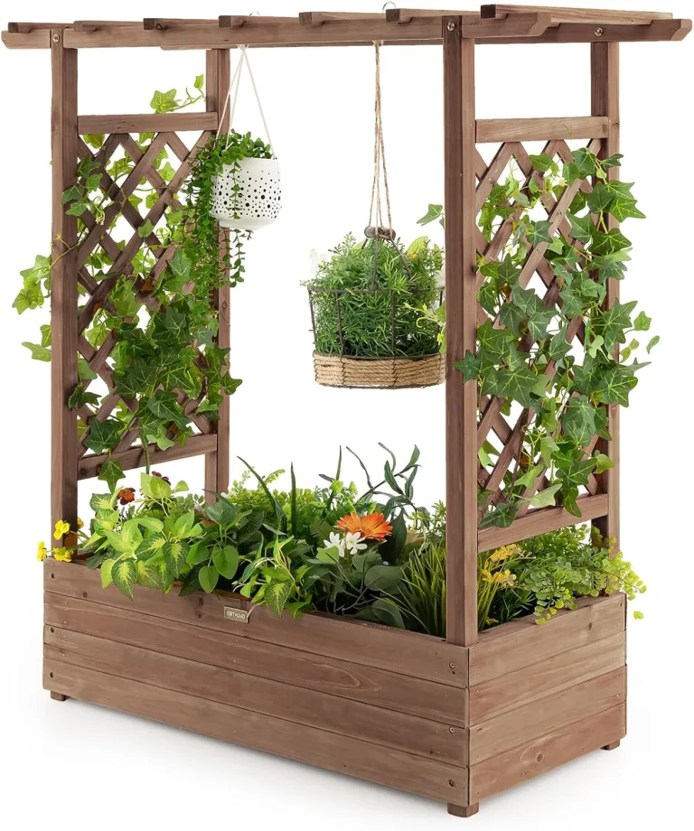 GOPLUS Hochbeet mit Rankgitter, Blumenkasten mit hängendem Dach & Ablauflöchern, Pflanzkasten Rankhilfe Pflanzkübel für Garten, Terrasse, Hof (110 x 44 x 182 cm,Braun) – Bild 9