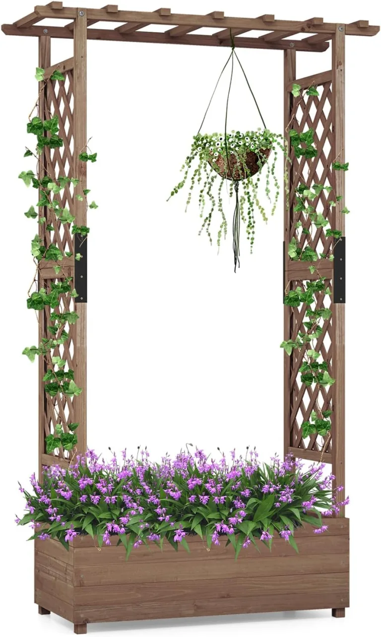 GOPLUS Hochbeet mit Rankgitter, Blumenkasten mit hängendem Dach & Ablauflöchern, Pflanzkasten Rankhilfe Pflanzkübel für Garten, Terrasse, Hof (110 x 44 x 182 cm,Braun) – Bild 1