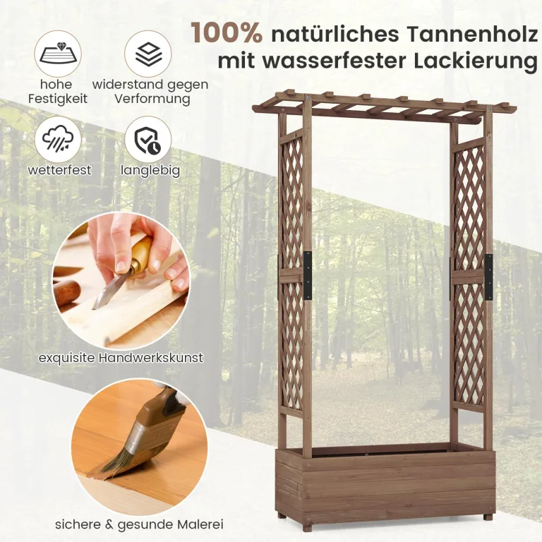 COSTWAY Blumenkasten mit Rankgitter & hängendem Dach, Pflanzkasten mit Rankhilfe, Hochbeet für Kletterpflanzen & hängende Körbe, für Hof Garten Terrasse, Pflanzkübel Holz, Braun (110x44x182cm) – Bild 3