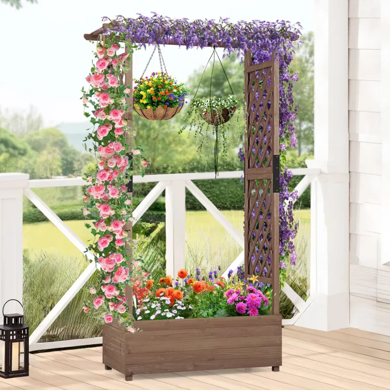 COSTWAY Blumenkasten mit Rankgitter & hängendem Dach, Pflanzkasten mit Rankhilfe, Hochbeet für Kletterpflanzen & hängende Körbe, für Hof Garten Terrasse, Pflanzkübel Holz, Braun (110x44x182cm) – Bild 9