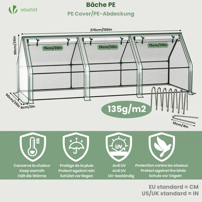 VOUNOT Gewächshaus Mini 270x90x90 cm mit 3 Rolltür, Klein Foliengewächshaus für Balkon, Garten, Tomatengewächshaus Stabil Winterfest Wetterfest, Verstärkte PE-Folie 135g/m², Weiß – Bild 3