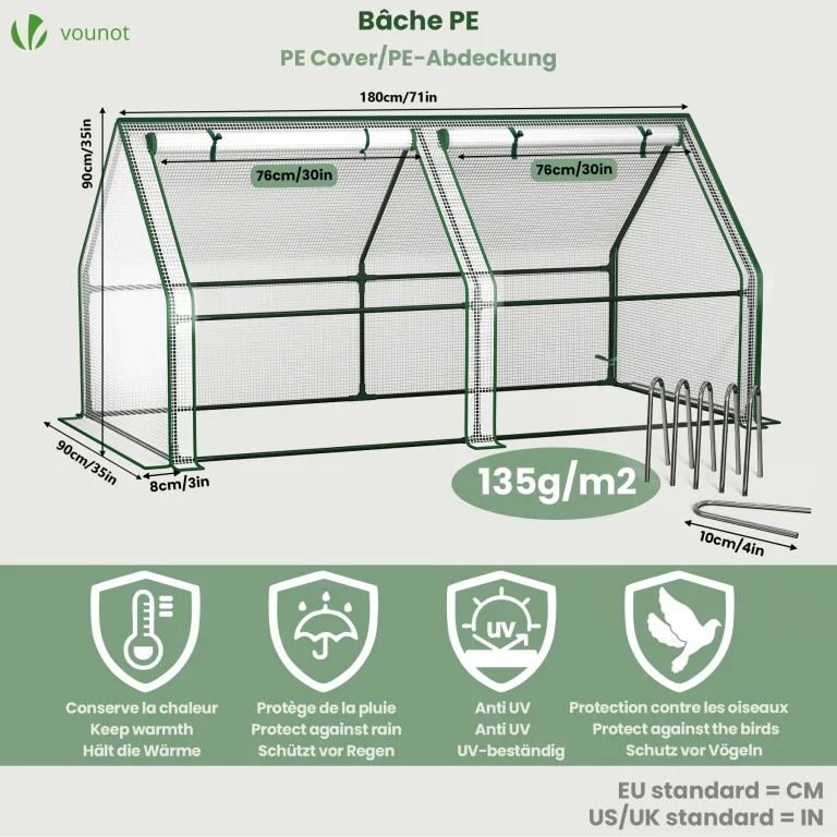 VOUNOT Gewächshaus Mini 180x90x90 cm mit 2 Rolltür, Klein Foliengewächshaus für Balkon, Garten, Tomatengewächshaus Stabil Winterfest Wetterfest, Verstärkte PE-Folie 135g/m², Weiß – Bild 3