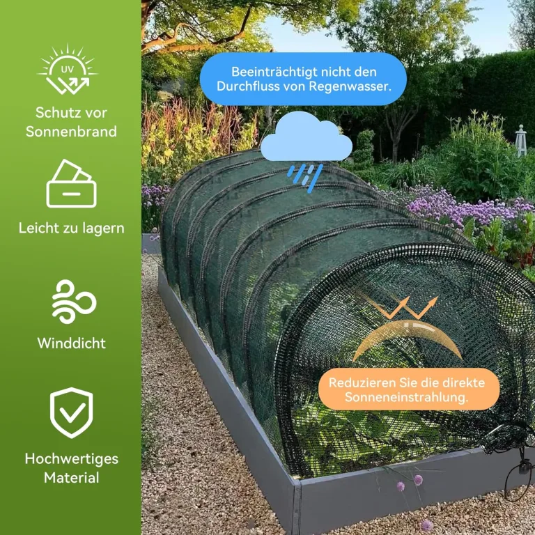 Pflanztunnel Netz, Garden Folientunnel 300x30x45cm, Faltbar Gartentunnel, Frühbeet Schutztunnel Gewächshaus mit Stecksystem, 6 Tunnelbögen Aufzucht Hochbeet Gemüsebeet Pflanzentunnel (Grün) – Bild 5