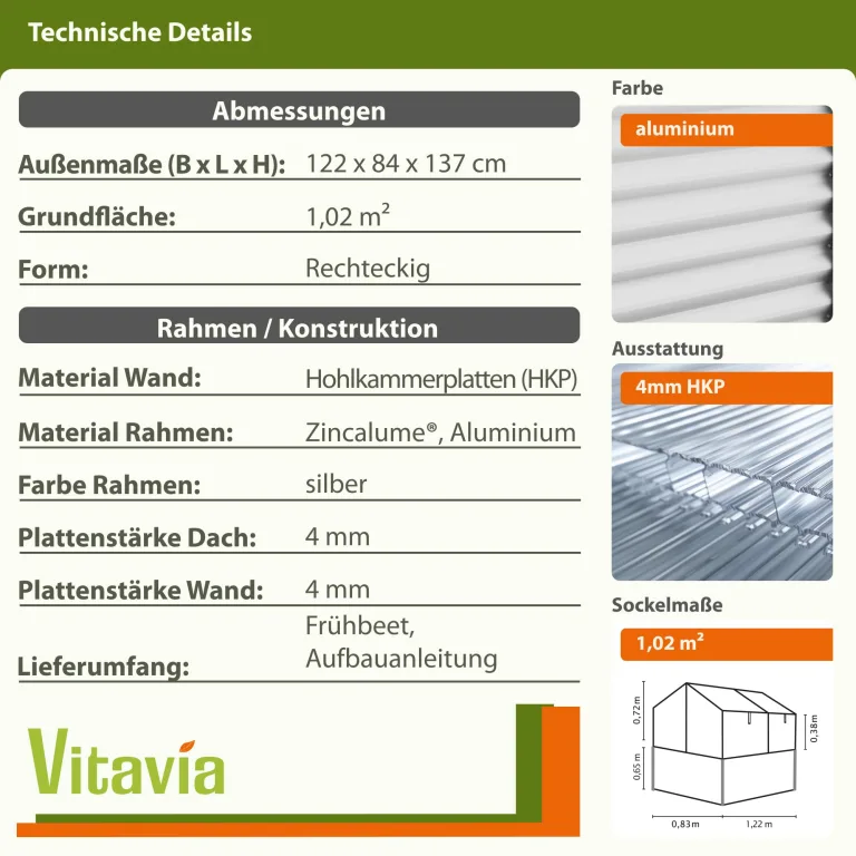 Vitavia Hochfrühbeet Gaia Jumbo Hoch- & Frühbeet | Aluminium, 122 x 83 x 137 cm | 4 mm Hohlkammerplatten | Rückenschonendes Gärtnern | Wetterfester Unterbau | Optimale Wachstumsbedingungen – Bild 3