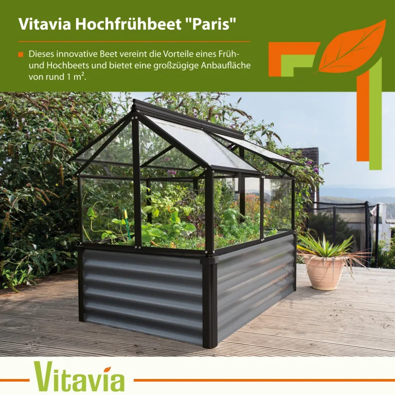 Vitavia Hochfrühbeet „Paris“ | Granit/Schwarz, 3 mm ESG Sicherheitsglas | Hochbeet & Frühbeet in einem | Wetterfest & Langlebig | Abnehmbarer Frühbeetaufsatz | Optimale Wachstumsbedingungen – Bild 2