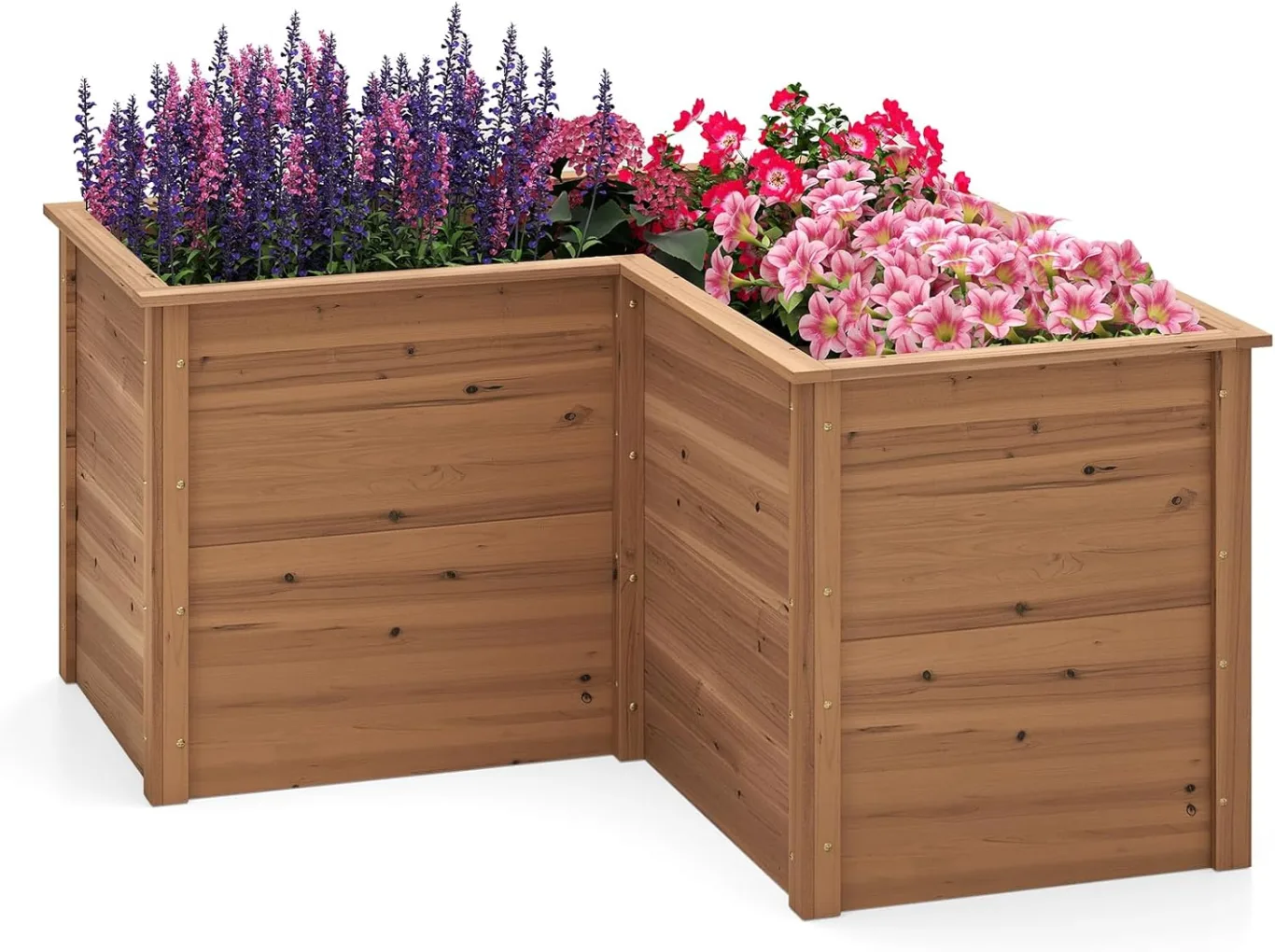COSTWAY Erhöhtes Hochbeet Holz, Gartenbeet tief, Pflanzkasten mit offenem Boden, für Balkon Garten Terrasse, Pflanzenbeet L-förmig, Kräuterbeet Pflanzkasten, Tannenholz, 120 x 120 x 63 cm (Braun) - Bild 1